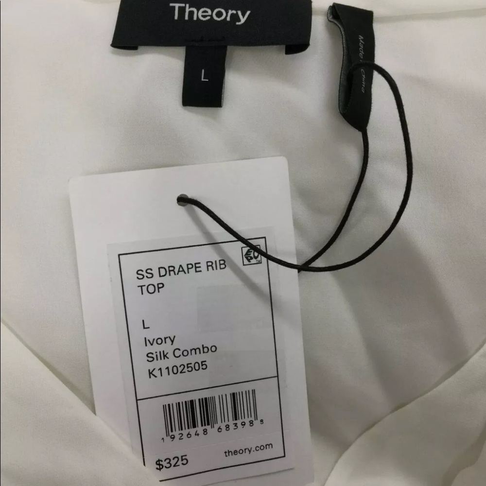 Theory white check mock neck cap sleeve silk drape shirt in large - Picture 4 of 5